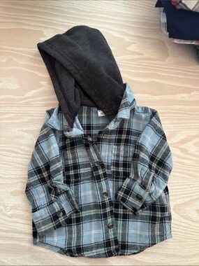 Old Navy Light Blue Plaid Shirt with Dark Hood